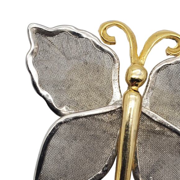 Vintage 1960s Mesh Butterfly Brooch Silver & Gold Tone Freedom Insect Metal Pin - Picture 3 of 6